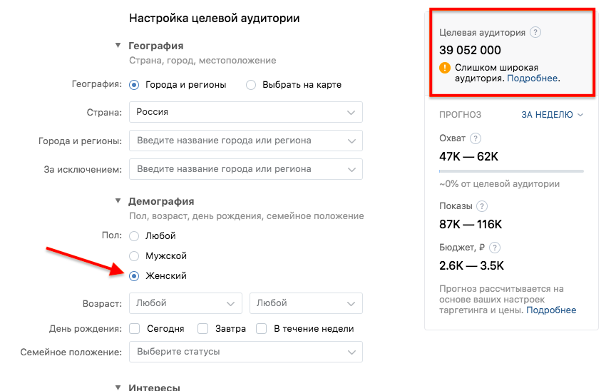 Целевая аудитория рекламы красок во ВКонтакте с ограничением по стране и полу