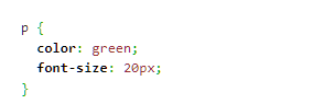 Пример кода CSS. Для абзаца <p> предопределяются стили: зеленый цвет текста и размер шрифта 20px.
